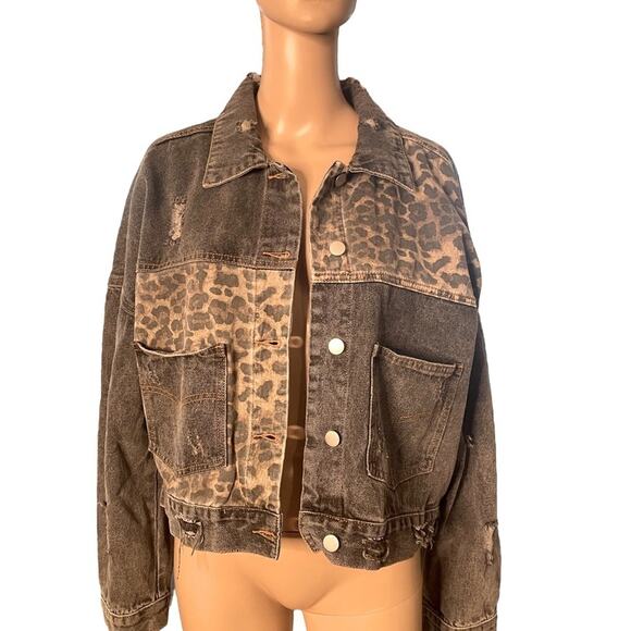 POL Denim JACKET Womens L Black Distressed Long Sleeves Animal Print Patchwork - Picture 3 of 14